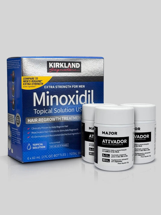 Kit com caixa de Minoxidil Kirkland 5% e 3 Ativadores Major para tratamento capilar