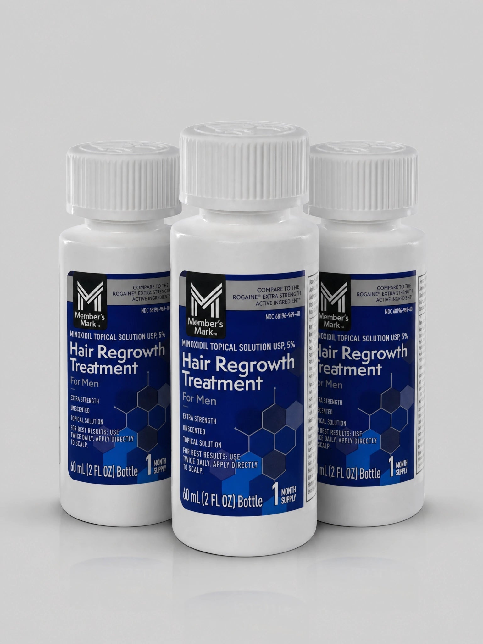 Kit Minoxidil Member's Mark 5% com 3 frascos