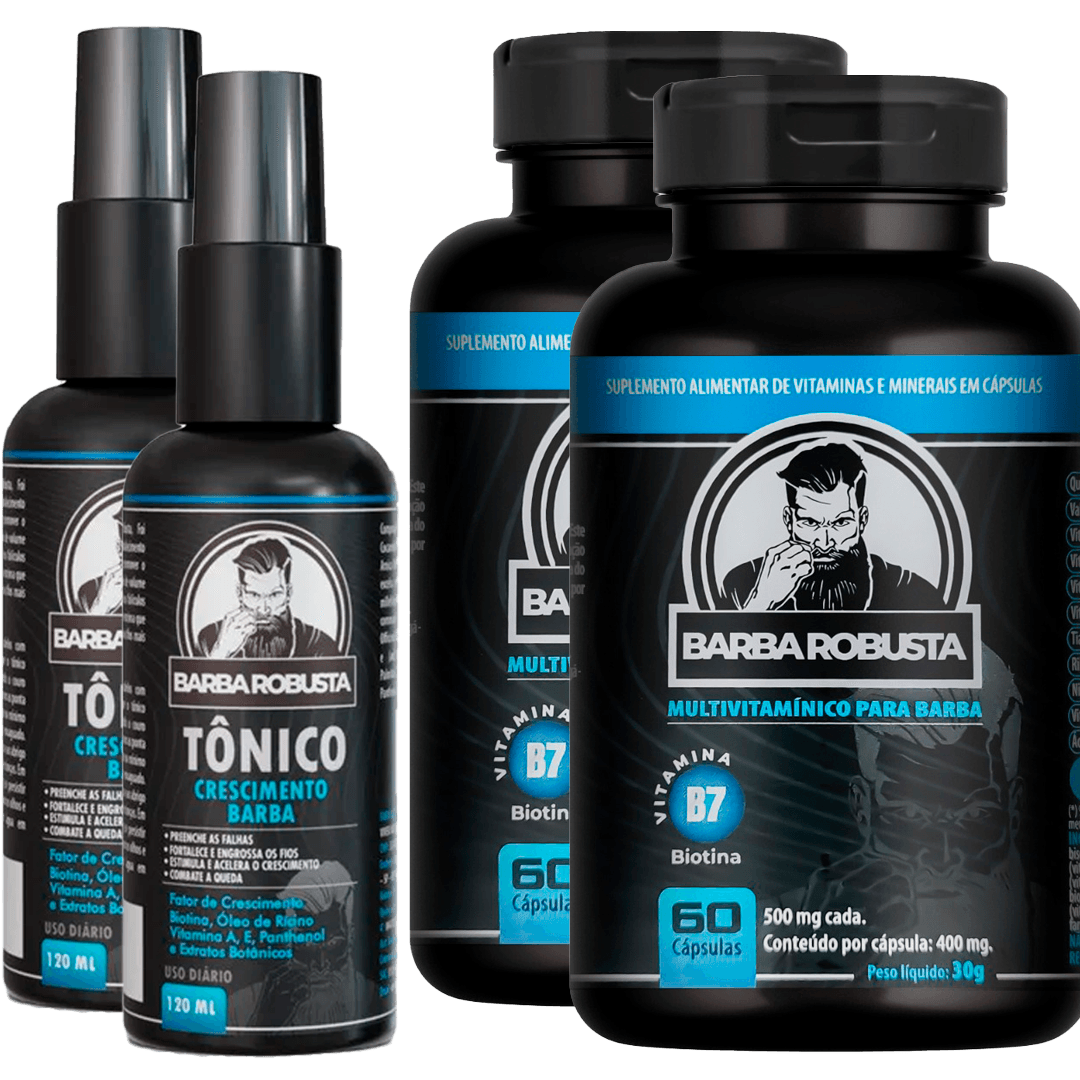 Combo de Crescimento Barba Robusta - 2 Tônicos + 2 Aceleradores (Multivitamínico) - BARBA LENHADOR