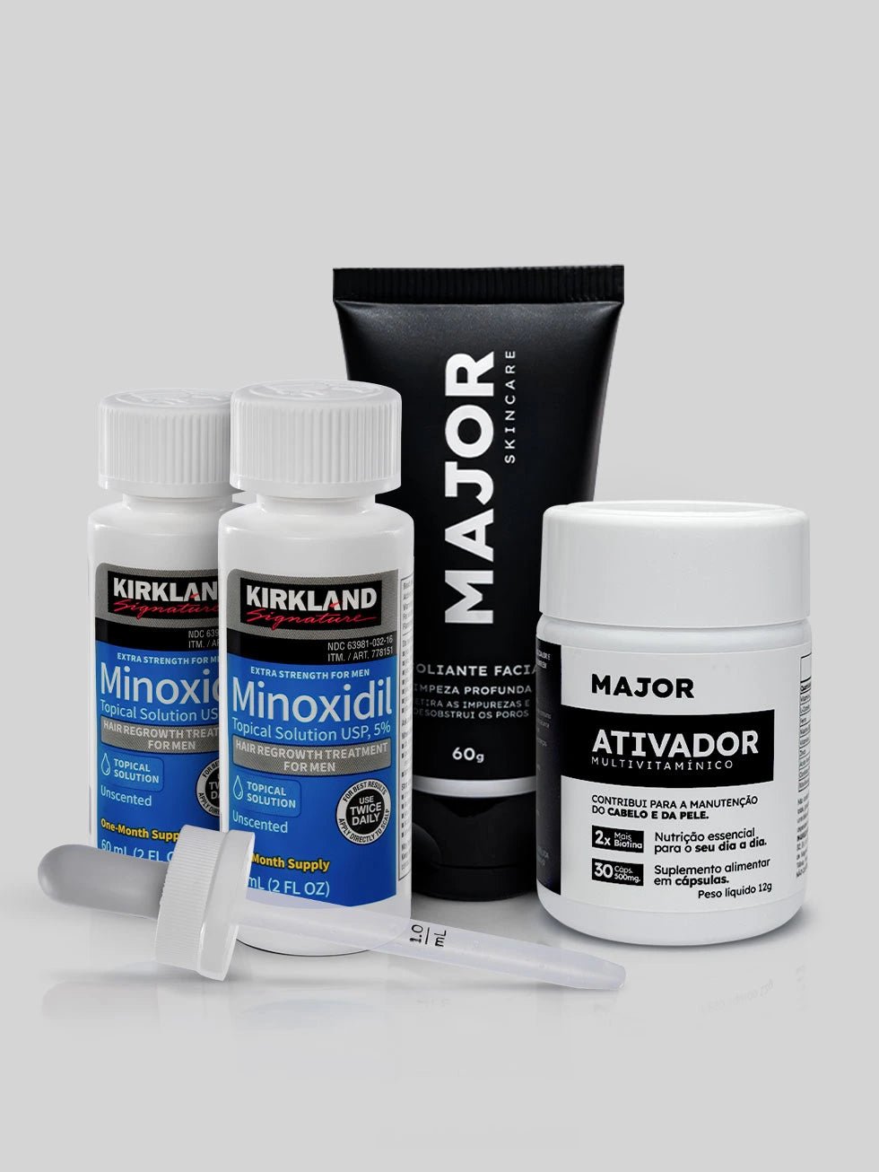 KIT LENHADOR - Minoxidil Kirkland 2un + Ativador MAJOR + Esfoliante MAJOR - BARBA LENHADOR