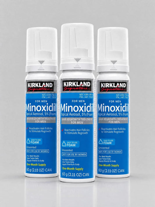 Minoxidil Kirkland Foam 5% – Kit 3 Latas 180g - BARBA LENHADOR