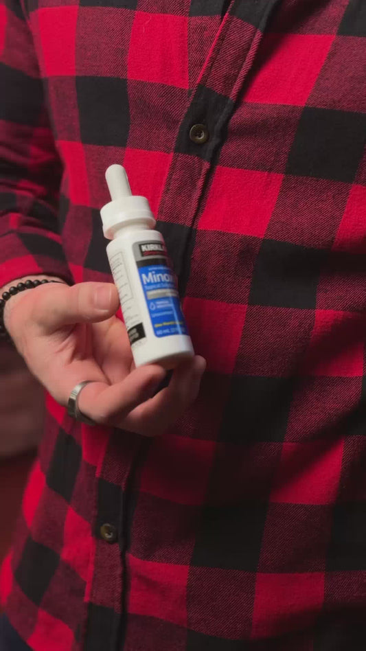 Aplicação de Minoxidil Kirkland 5% na barba – passo a passo para estimular o crescimento dos fios e preencher falhas.
